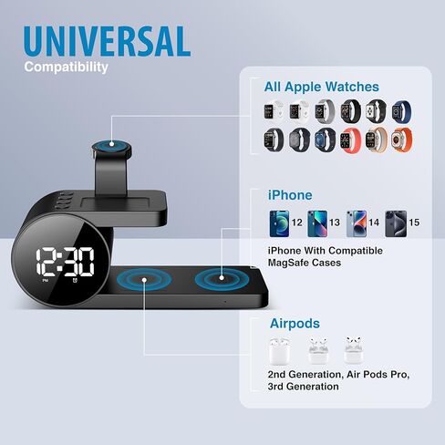 محطة الشحن اللاسلكية Brookstone 4 في 1: أنيقة | متوافق مع سلسلة iPhone 15,14,13,12 Pro Max، وجميع سلاسل iWatch، متوافق مع Airpods 3,2 Pro| محطة شحن لاسلكية مع ساعة. in Kuwait