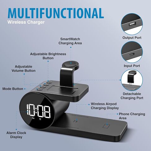 محطة الشحن اللاسلكية Brookstone 4 في 1: أنيقة | متوافق مع سلسلة iPhone 15,14,13,12 Pro Max، وجميع سلاسل iWatch، متوافق مع Airpods 3,2 Pro| محطة شحن لاسلكية مع ساعة. in Kuwait
