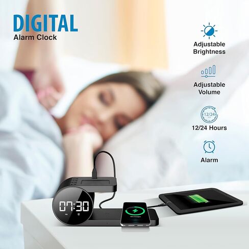 محطة الشحن اللاسلكية Brookstone 4 في 1: أنيقة | متوافق مع سلسلة iPhone 15,14,13,12 Pro Max، وجميع سلاسل iWatch، متوافق مع Airpods 3,2 Pro| محطة شحن لاسلكية مع ساعة. in Kuwait
