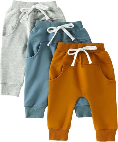 Baby Boys Girls 3 Pack Sweatpants Toddler Solid Elastic Waist Bottom Joggers Pants Unisex Newborn Infant Trousers in Kuwait