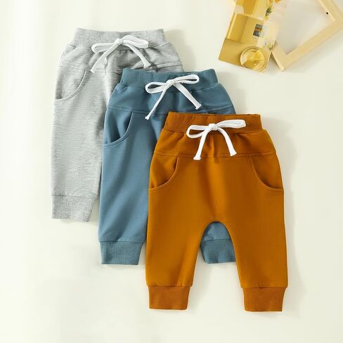 Baby Boys Girls 3 Pack Sweatpants Toddler Solid Elastic Waist Bottom Joggers Pants Unisex Newborn Infant Trousers in Kuwait