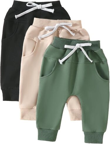 Baby Boys Girls 3 Pack Sweatpants Toddler Solid Elastic Waist Bottom Joggers Pants Unisex Newborn Infant Trousers in Saudi Arabia
