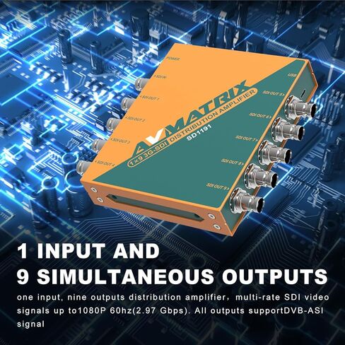 AVMATRIX SD1191 1x9 SDI Distribution Amplifier Splitter with Input Detection, Re-clocking, Cable Equalization, Supports HD-SDI/HD-SDI/SDI in Kuwait