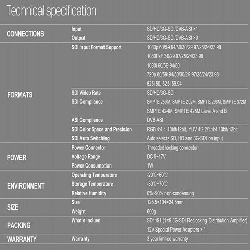AVMATRIX SD1191 1x9 SDI Distribution Amplifier Splitter with Input Detection, Re-clocking, Cable Equalization, Supports HD-SDI/HD-SDI/SDI in Kuwait