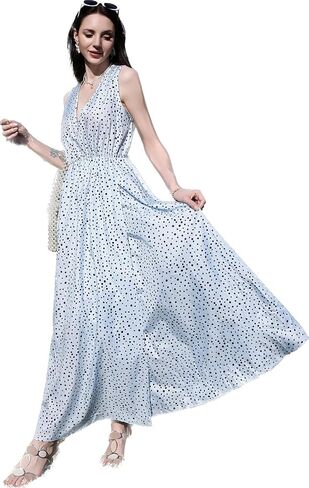 Women V Neck Sleeveless Retro Beach Long Dress Vacation Floral Print A Line Maxi Dress Maternity Dress in Saudi Arabia