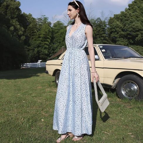 Women V Neck Sleeveless Retro Beach Long Dress Vacation Floral Print A Line Maxi Dress Maternity Dress in Saudi Arabia