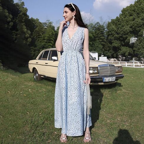 Women V Neck Sleeveless Retro Beach Long Dress Vacation Floral Print A Line Maxi Dress Maternity Dress in Saudi Arabia