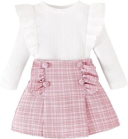 Kuriozud Fall Toddler Girl Clothes Baby Ruffle Long Sleeve Shirt Plaid Skirt Set Back To School 2 Piece Outfit in Kuwait