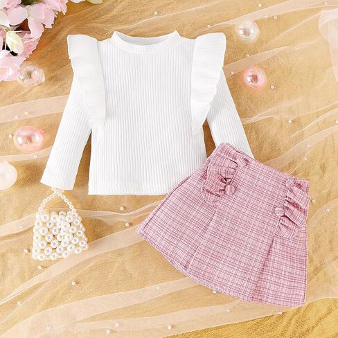 Kuriozud Fall Toddler Girl Clothes Baby Ruffle Long Sleeve Shirt Plaid Skirt Set Back To School 2 Piece Outfit in Kuwait