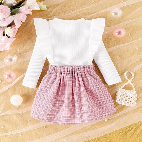 Kuriozud Fall Toddler Girl Clothes Baby Ruffle Long Sleeve Shirt Plaid Skirt Set Back To School 2 Piece Outfit in Kuwait