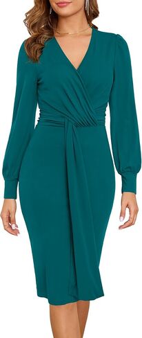 Zattcas Women 2024 Long Sleeve Fall Dress Faux Wrap Vneck Business Casual Work Teacher Church Knit Midi Dresses in Saudi Arabia