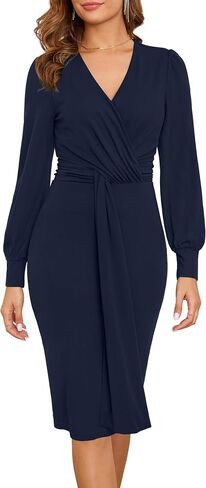 Zattcas Women 2024 Long Sleeve Fall Dress Faux Wrap Vneck Business Casual Work Teacher Church Knit Midi Dresses in Saudi Arabia