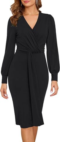 Zattcas Women 2024 Long Sleeve Fall Dress Faux Wrap Vneck Business Casual Work Teacher Church Knit Midi Dresses in Saudi Arabia