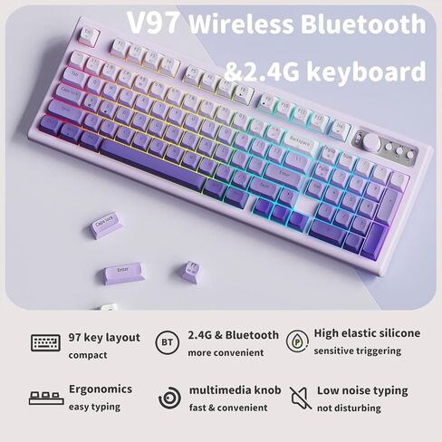 EWEADN V97 Cute Creamy Keyboard, Bluetooth/2.4GHz Gaming Keyboard Wireless with RGB Backlit, Media Knob, Curved Body, Rechargeable Quiet Computer Keyboard for MAC Xbox PC Gamer-White in Saudi Arabia