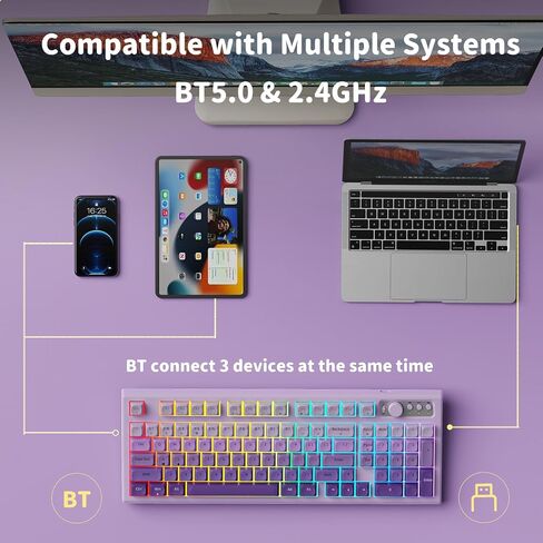 EWEADN V97 Cute Creamy Keyboard, Bluetooth/2.4GHz Gaming Keyboard Wireless with RGB Backlit, Media Knob, Curved Body, Rechargeable Quiet Computer Keyboard for MAC Xbox PC Gamer-White in Saudi Arabia