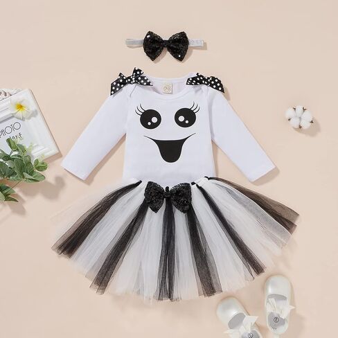 0-12M Newborn Baby Girls Halloween Outfit Long Sleeve Ghost Pumpkin RomperTutu Skirt Headband 3pcs Set in Saudi Arabia