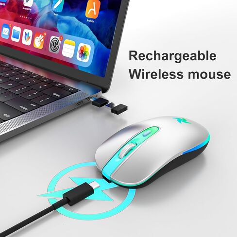 HZD LED Wireless Mouse, Slim Silent Rechargeable Mouse, 2.4G Portable USB Optical Mouse with Type C Adapter, 3 Adjustable DPI Levels 1600/1200/800 Computer Mouse for Laptop,PC,MacBook(Purple) in Saudi Arabia