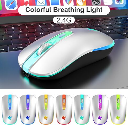 HZD LED Wireless Mouse, Slim Silent Rechargeable Mouse, 2.4G Portable USB Optical Mouse with Type C Adapter, 3 Adjustable DPI Levels 1600/1200/800 Computer Mouse for Laptop,PC,MacBook(Purple) in Saudi Arabia
