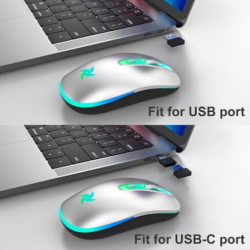 HZD LED Wireless Mouse, Slim Silent Rechargeable Mouse, 2.4G Portable USB Optical Mouse with Type C Adapter, 3 Adjustable DPI Levels 1600/1200/800 Computer Mouse for Laptop,PC,MacBook(Purple) in Saudi Arabia