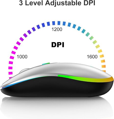 HZD LED Wireless Mouse, Slim Silent Rechargeable Mouse, 2.4G Portable USB Optical Mouse with Type C Adapter, 3 Adjustable DPI Levels 1600/1200/800 Computer Mouse for Laptop,PC,MacBook(Purple) in Saudi Arabia