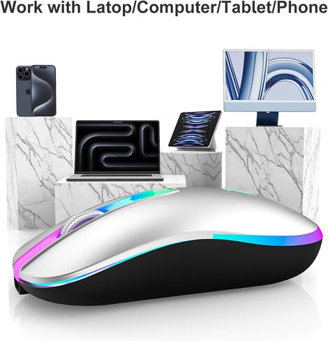 HZD LED Wireless Mouse, Slim Silent Rechargeable Mouse, 2.4G Portable USB Optical Mouse with Type C Adapter, 3 Adjustable DPI Levels 1600/1200/800 Computer Mouse for Laptop,PC,MacBook(Purple) in Saudi Arabia