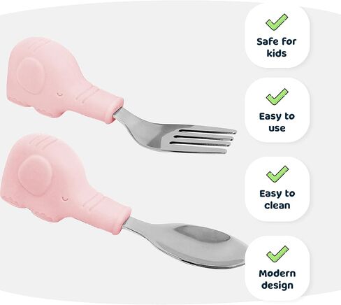 Tiny Twinkle Easy Grip Toddler Utensils Spoon and Fork Set - BPA & Phthalate Free Utensil Sets, Kids Silverware With Silicone Handle, Baby Led Weaning Supplies for 12 Months & Up (Olive Dinosaur) in Kuwait