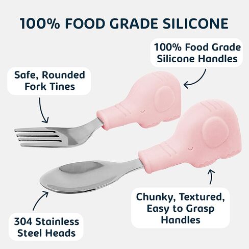 Tiny Twinkle Easy Grip Toddler Utensils Spoon and Fork Set - BPA & Phthalate Free Utensil Sets, Kids Silverware With Silicone Handle, Baby Led Weaning Supplies for 12 Months & Up (Olive Dinosaur) in Kuwait