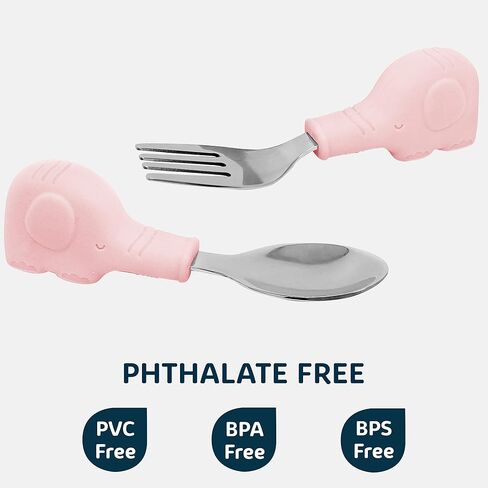 Tiny Twinkle Easy Grip Toddler Utensils Spoon and Fork Set - BPA & Phthalate Free Utensil Sets, Kids Silverware With Silicone Handle, Baby Led Weaning Supplies for 12 Months & Up (Olive Dinosaur) in Kuwait