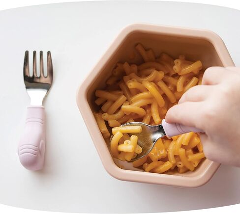 Tiny Twinkle Easy Grip Toddler Utensils Spoon and Fork Set - BPA & Phthalate Free Utensil Sets, Kids Silverware With Silicone Handle, Baby Led Weaning Supplies for 12 Months & Up (Olive Dinosaur) in Kuwait