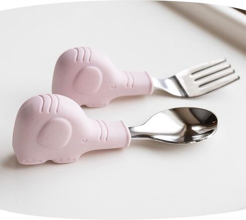 Tiny Twinkle Easy Grip Toddler Utensils Spoon and Fork Set - BPA & Phthalate Free Utensil Sets, Kids Silverware With Silicone Handle, Baby Led Weaning Supplies for 12 Months & Up (Olive Dinosaur) in Kuwait
