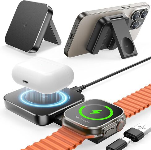 MOKPR Magnetic 3 in 1 Wireless Stand Charger, Adjustable Wireless Charging Station, Mag-Safe Charger Compatible for iPhone 16 15/14/13/12 Series and AirPods 3/2/Pro 2/Pro & Apple Watch, No Adapter in Saudi Arabia