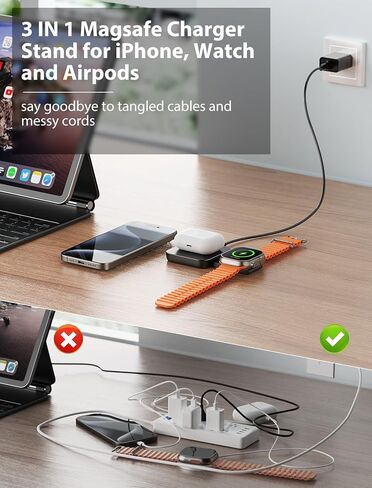 MOKPR Magnetic 3 in 1 Wireless Stand Charger, Adjustable Wireless Charging Station, Mag-Safe Charger Compatible for iPhone 16 15/14/13/12 Series and AirPods 3/2/Pro 2/Pro & Apple Watch, No Adapter in Saudi Arabia