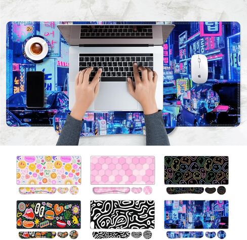 مجموعة لوحة ماوس كبيرة للألعاب، لوحة ماوس ممتدة 4 في 1، وسادة مكتب + وسادة مسند للمعصم للوحة المفاتيح + حصيرة ماوس مع دعم للمعصم + قاعدة، واقي حصيرة مكتب مقاوم للماء للمنزل والمكتب والكمبيوتر المحمول - زهرة ملونة in Kuwait