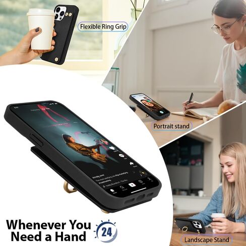 حافظة محفظة LAMEEKU لهاتف iPhone 15 Pro Max، حافظة مع حامل بطاقة، مسند حلقي يدور 360 درجة، حافظة جلدية واقية RFID مصممة للنساء والرجال لهاتف Apple iPhone 15 Pro Max 6.7 بوصة أسود in Kuwait