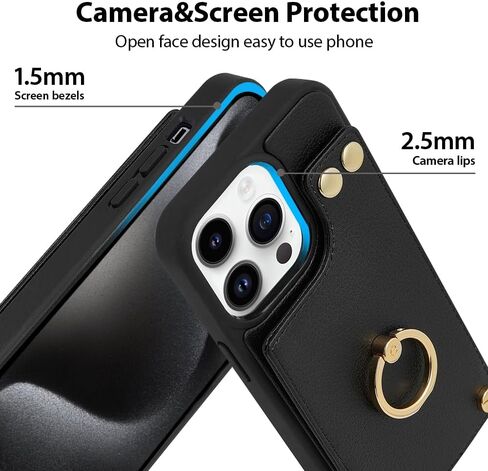 حافظة محفظة LAMEEKU لهاتف iPhone 15 Pro Max، حافظة مع حامل بطاقة، مسند حلقي يدور 360 درجة، حافظة جلدية واقية RFID مصممة للنساء والرجال لهاتف Apple iPhone 15 Pro Max 6.7 بوصة أسود in Kuwait