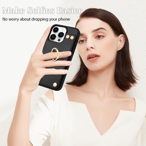 حافظة محفظة LAMEEKU لهاتف iPhone 15 Pro Max، حافظة مع حامل بطاقة، مسند حلقي يدور 360 درجة، حافظة جلدية واقية RFID مصممة للنساء والرجال لهاتف Apple iPhone 15 Pro Max 6.7 بوصة أسود in Kuwait