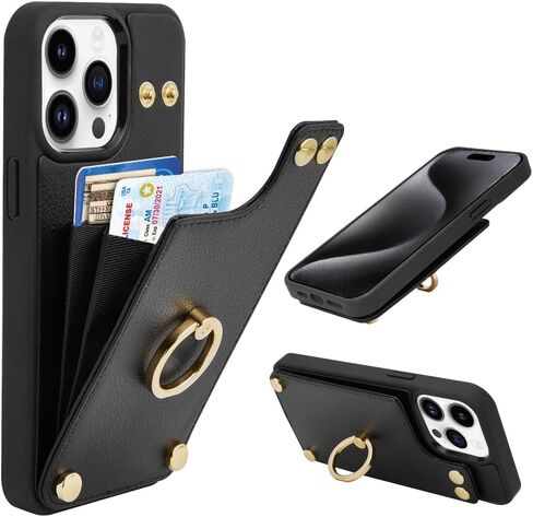 LAMEEKU for iPhone 15 Pro Max Wallet Case, Case with Card Holder, 360°Rotation Ring Kickstand, RFID Blocking Leather Protective Case Designed for Women Men for Apple iPhone 15 Pro Max 6.7'' Black in Saudi Arabia