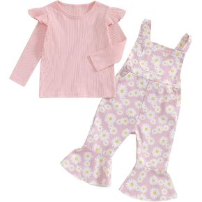 Newbgclo Toddler Girls Clothes Ribbed Long Sleeve Ruffle Tops Floral Suspender Overalls Flared Pants Set Fall Winter Outfits