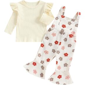 Newbgclo Toddler Girls Clothes Ribbed Long Sleeve Ruffle Tops Floral Suspender Overalls Flared Pants Set Fall Winter Outfits
