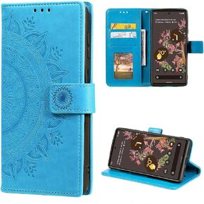 EYZUTAK Case for Google Pixel 6 Pro, Premium Leather Flip Wallet Case with Card Slots Holder Kickstand Hand Strap Mandala Half Flower Design Embossed Shockproof Cover Case - Purple