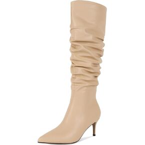 AUMOTED Womens Slouchy Knee High Boots Mid Calf Boots Kitten Heel Pointed Toe Pull On Long Boots Winter Shoes 2.5 Inch Heeled Boots