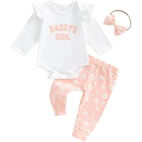 Muasaaluxi Newborn Baby Girl Clothes Ruffle Long Sleeve ''Daddys Girl'' Romper Onesie Daisy Long Pants Headband Fall Outfit