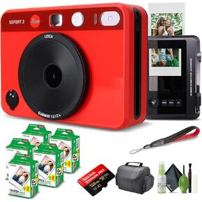 Leica Sofort 2 Hybrid Instant Photo Film and Digital Camera (Red) (19189) with LCD Display Bundle with Fujifilm Instant Film 100 Sheets + 128 GB Memory Card + Bag + Cleaning Kit