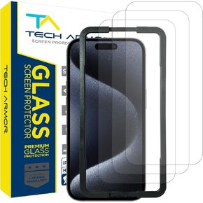 واقي شاشة Tech Armor لهاتف iPhone 16 Pro Max، زجاج باليستي، 3 عبوات | صلابة 9H، ملائمة للحافظة، صينية تثبيت موجهة، شاشة فائقة الوضوح، حماية من الخدش والسقوط in Kuwait