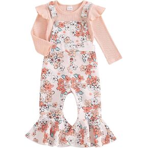 WZTYYDS Toddler Baby Girl Fall Clothes Floral Print Overalls Suspender Flare Pants Long Sleeve Ruffle Knit Top 2Pcs Outfits