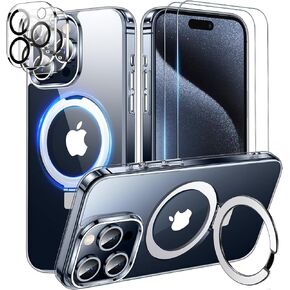Temdan for iPhone 15 Pro Max Case Clear, with Magnetic Invisible Stand [Tempered Glass Camera & Screen Protector] [Not Yellowing] Shockproof Slim for iPhone 15 ProMax Case,Clear