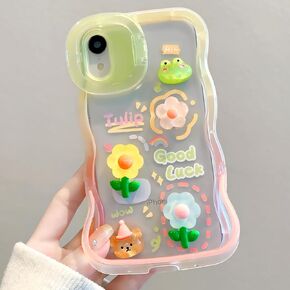 Flower Curly Wave Case for iPhone XR with Double Kickstand, Cute Cartoon Floral Phone Case for Women Girls Teens Kids Soft TPU Protective Cover for iPhone XR 6.1 inch (Frog Flower)