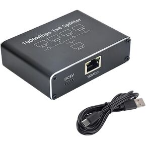 Gigabit Ethernet Splitter Switch 1 to 4 , Ethernet Spllitter 1000Mbps with Power Cable, Network Splitter for Cat5/5e/6/7/8 Cables Ethernet Hub (4 Devices Connected to The Network at The Same Time)