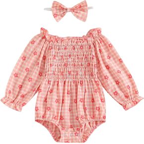 Infant Baby Girls Fall Winter Clothes Smocked Long Sleeve Bubble Romper Newborn 2Pcs Plaid Outfits with Headband