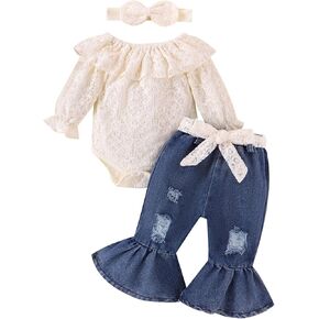 Baby Girl Clothes Lace Off Shoulder Romper Flare Jeans Pants Headband and Belt 4pcs Outfit 3-24 Months
